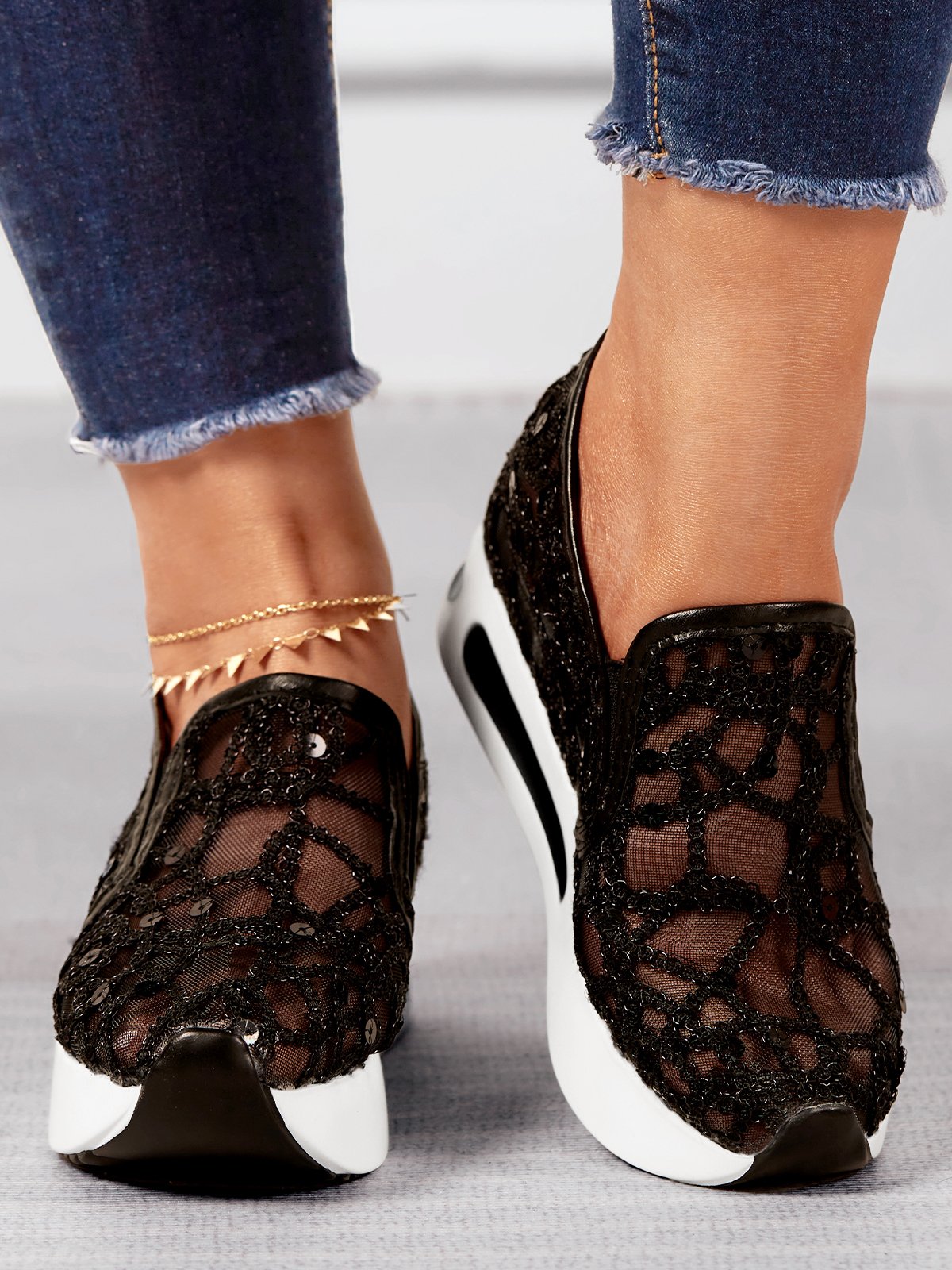 Fashion Paillette Atmungsaktiv Mesh Slip On Plateau Sneakers
