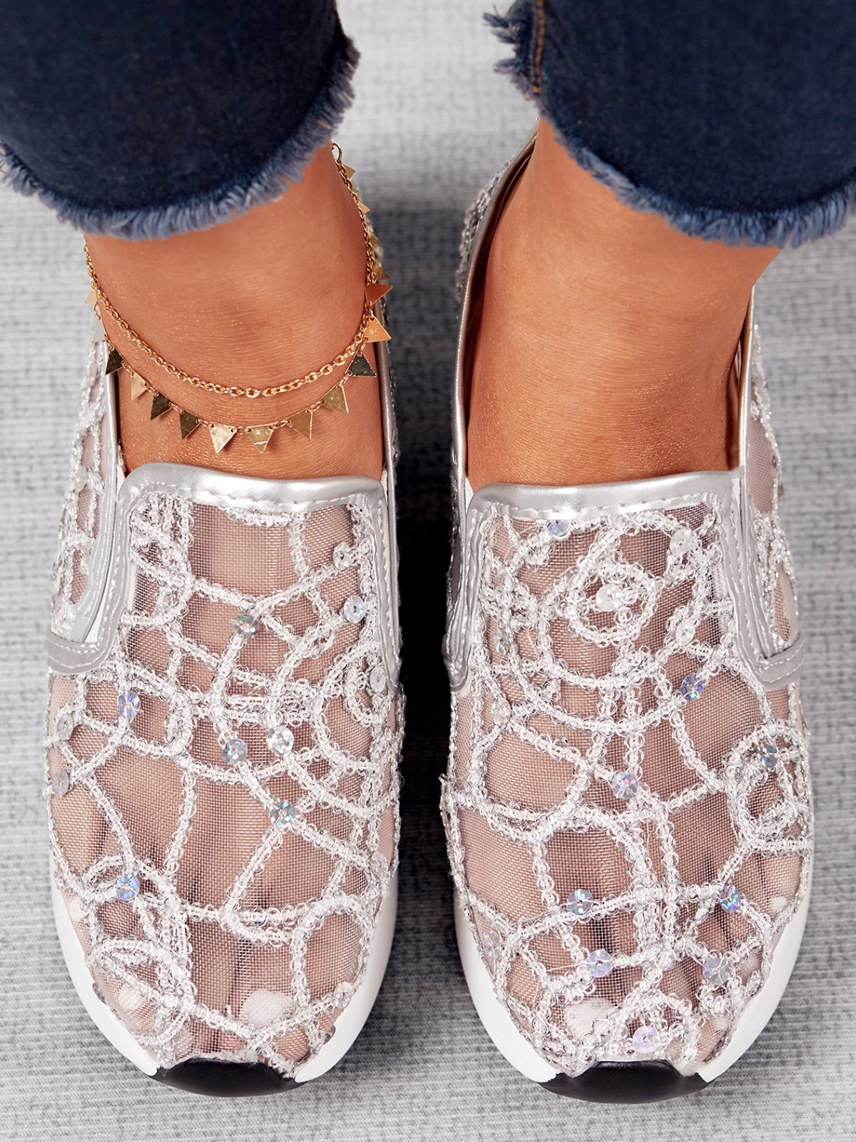 Fashion Paillette Atmungsaktiv Mesh Slip On Plateau Sneakers