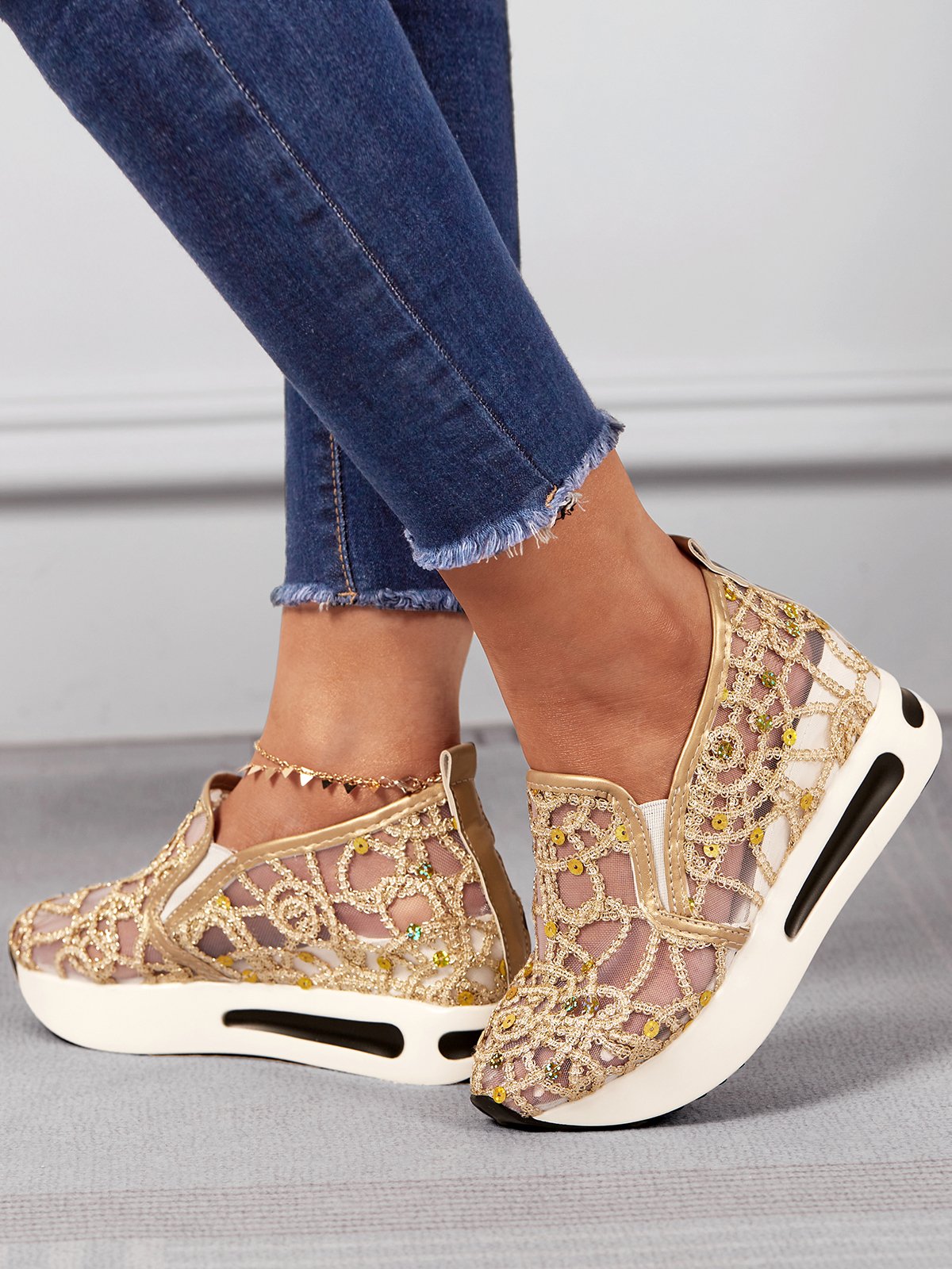 Fashion Paillette Atmungsaktiv Mesh Slip On Plateau Sneakers
