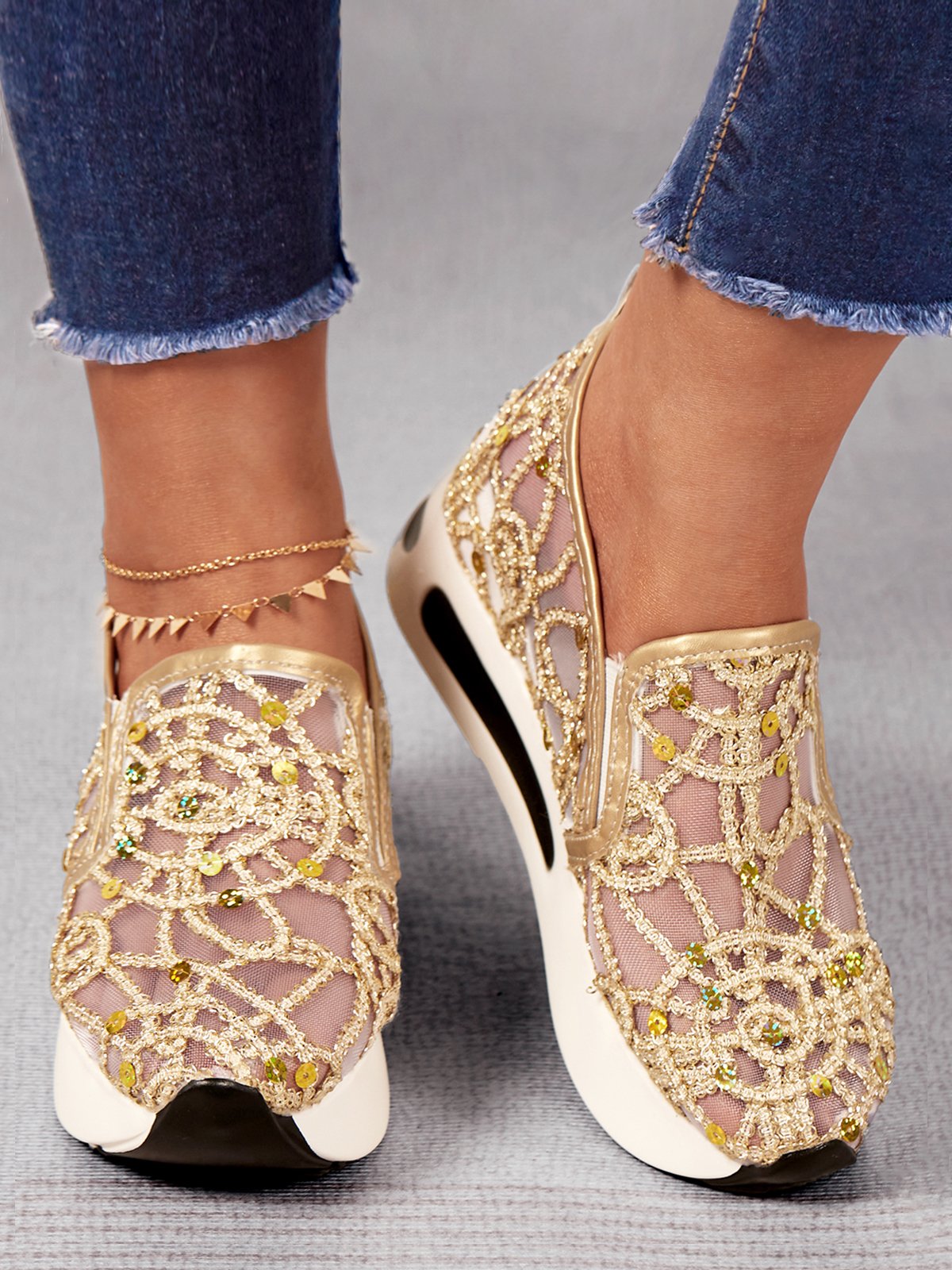 Fashion Paillette Atmungsaktiv Mesh Slip On Plateau Sneakers