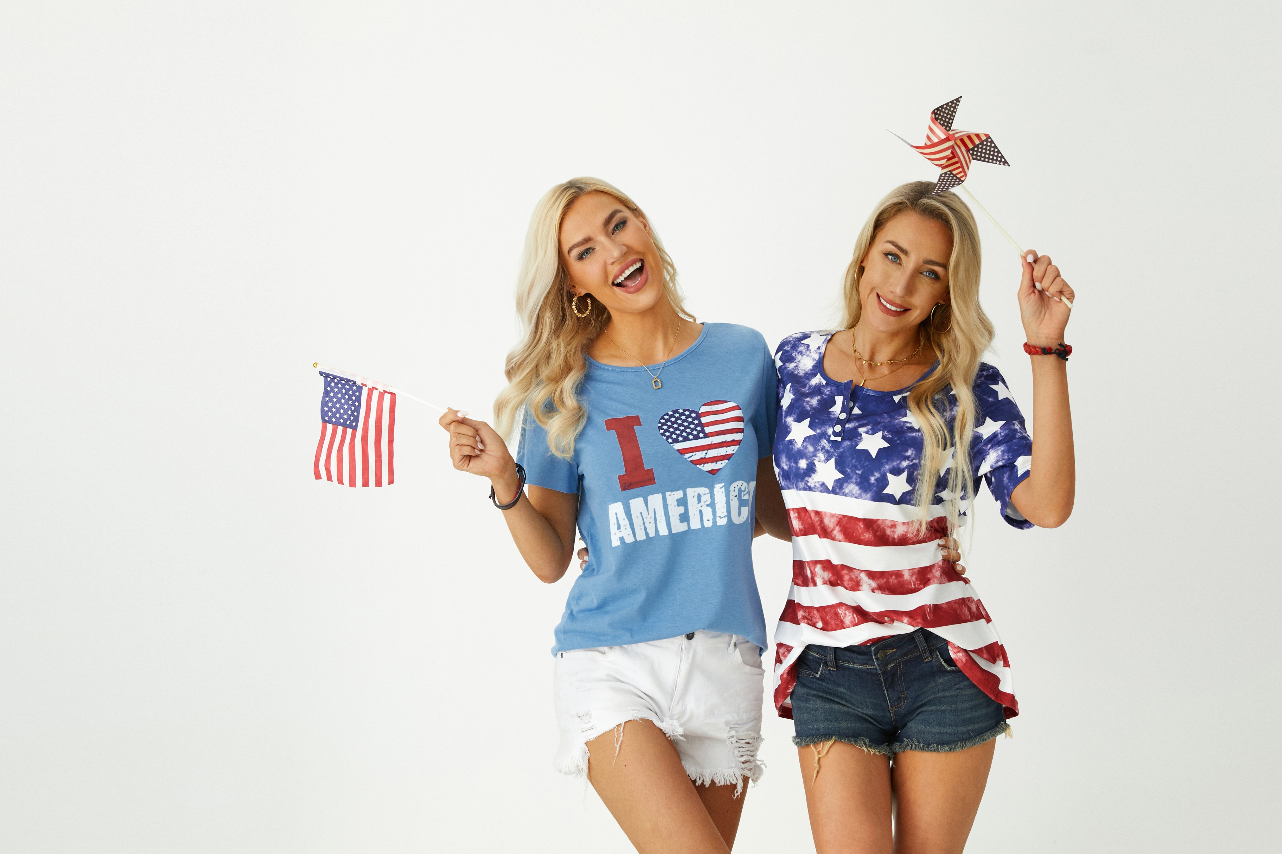 Amerika-Flagge Print Schnalle Lässig Jersey Tunika T-Shirt