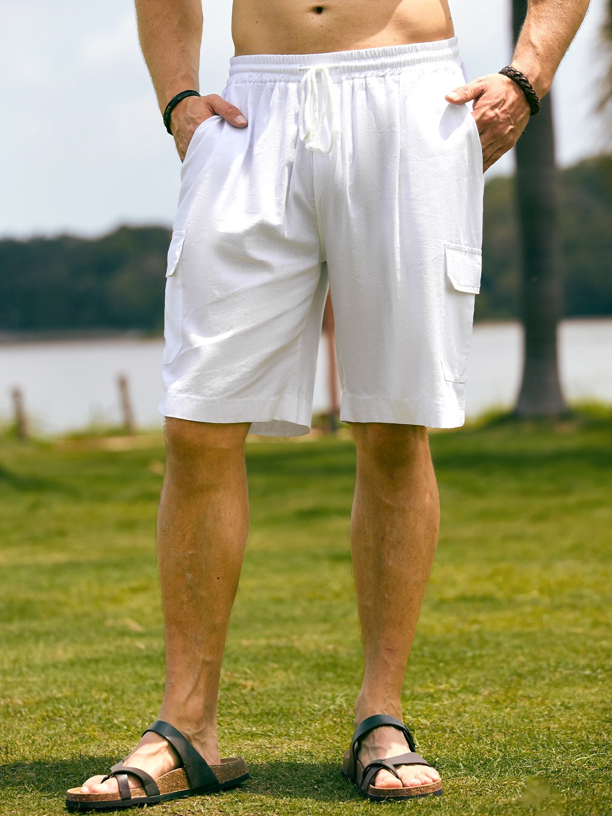 Herren Leinen Shorts Multi-Pocket Krawatte Cargohosen