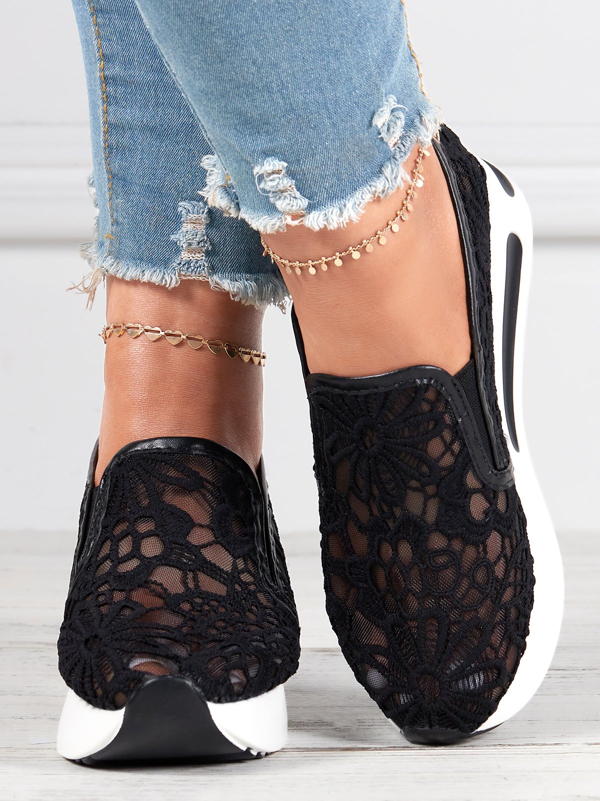 Blumenstickerei Mesh Paneeliert Slip-On Keil Sneakers