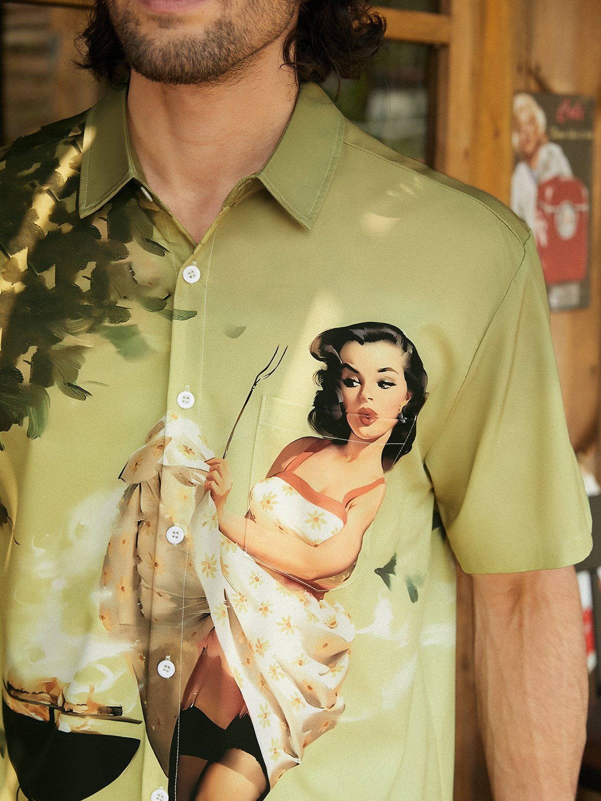 Retro Schönheit Brusttasche Kurzarm Hawaiische Bluse