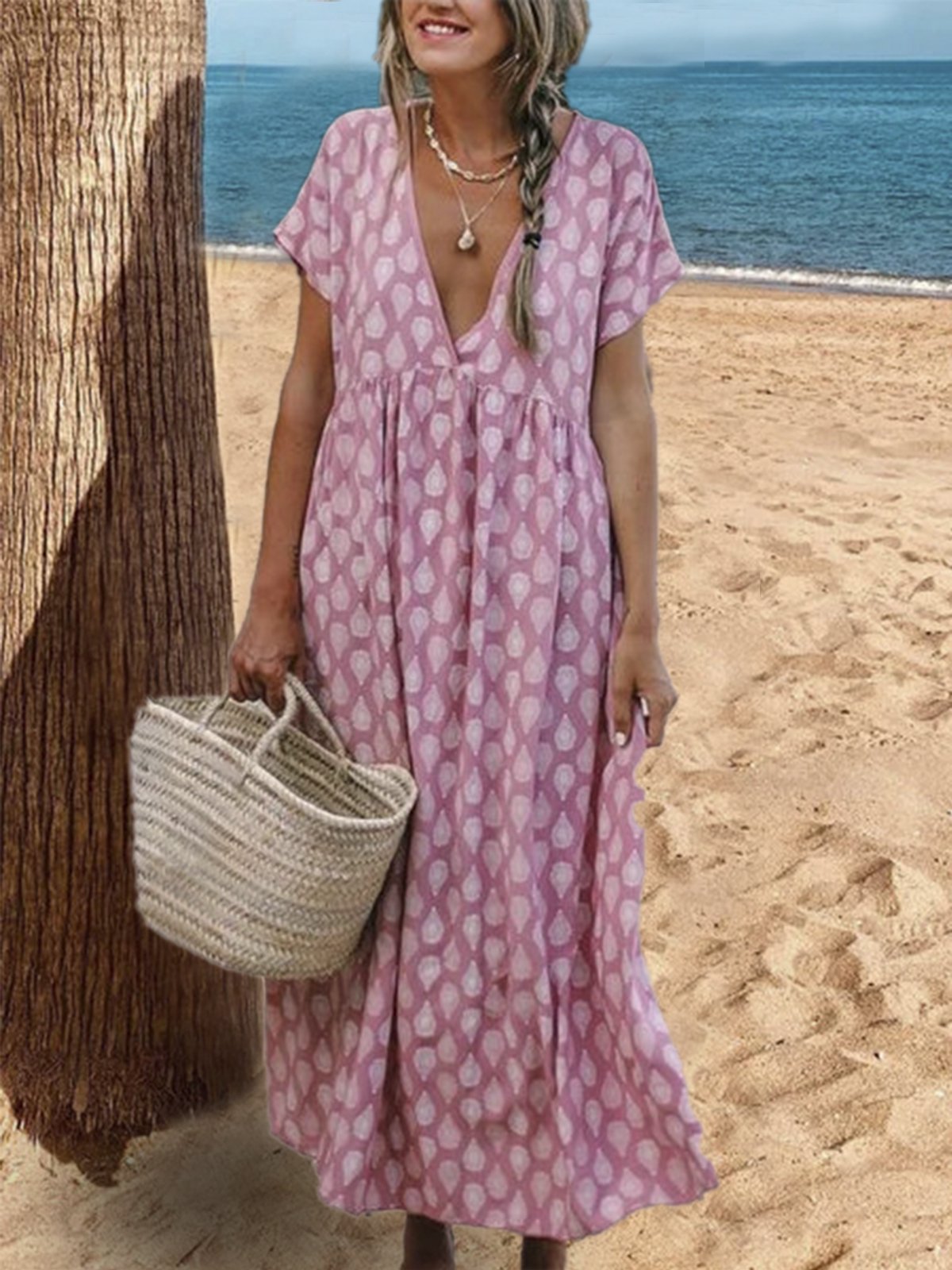 Damen Bohemian Style Sommerkleider Kurzarm Lässig Große Größen  Print V-Ausschnitt Kleider