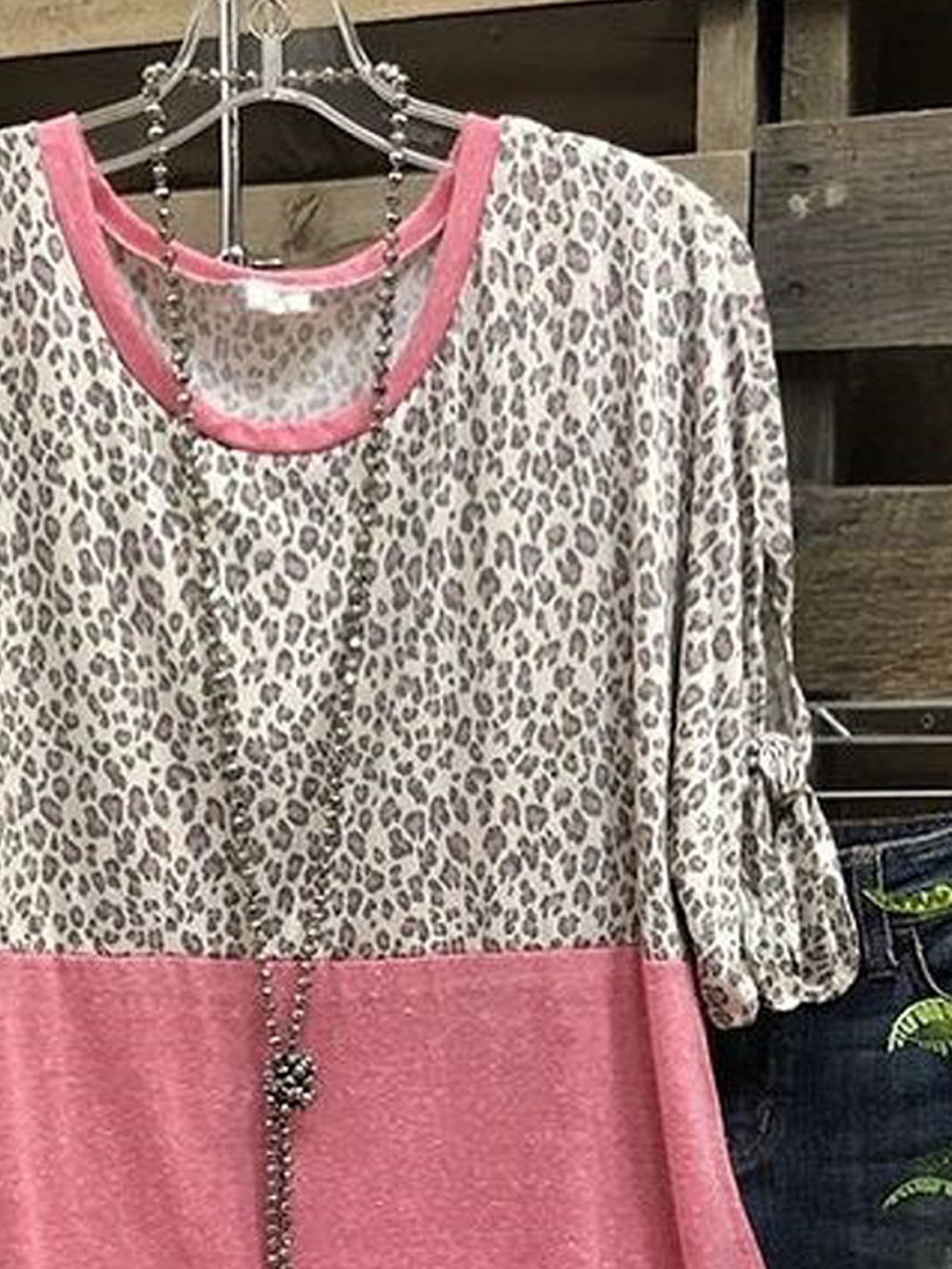 Leopard  Halbarm  Print  Baumwollmischung  Rundhals Lässig  Sommer  Pink Oberteile