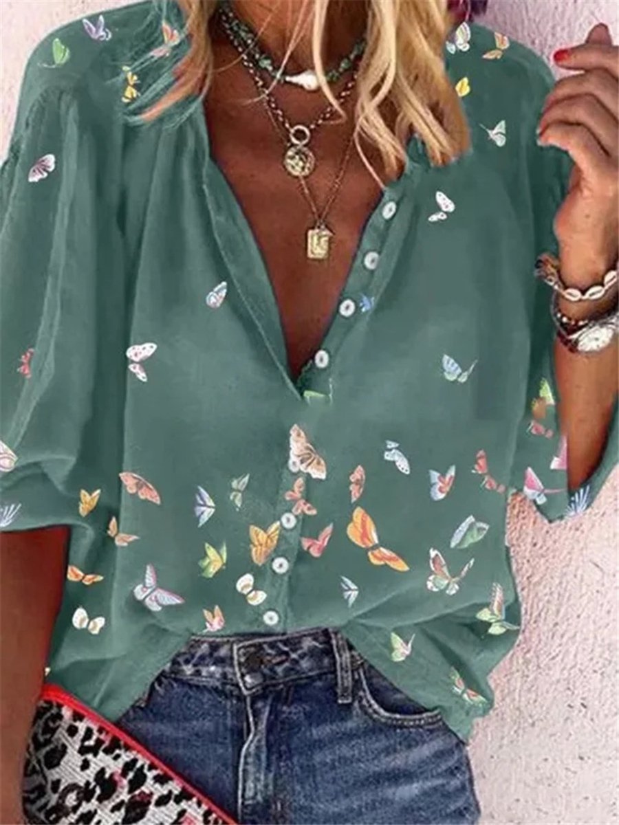 Bunt Schmetterling Print Chiffon Langarm Bluse