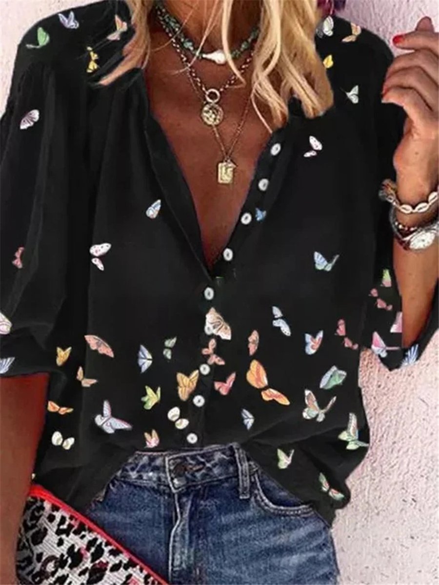 Bunt Schmetterling Print Chiffon Langarm Bluse