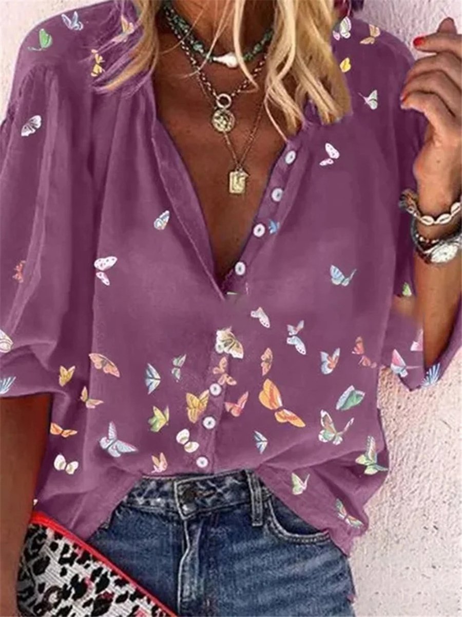 Bunt Schmetterling Print Chiffon Langarm Bluse