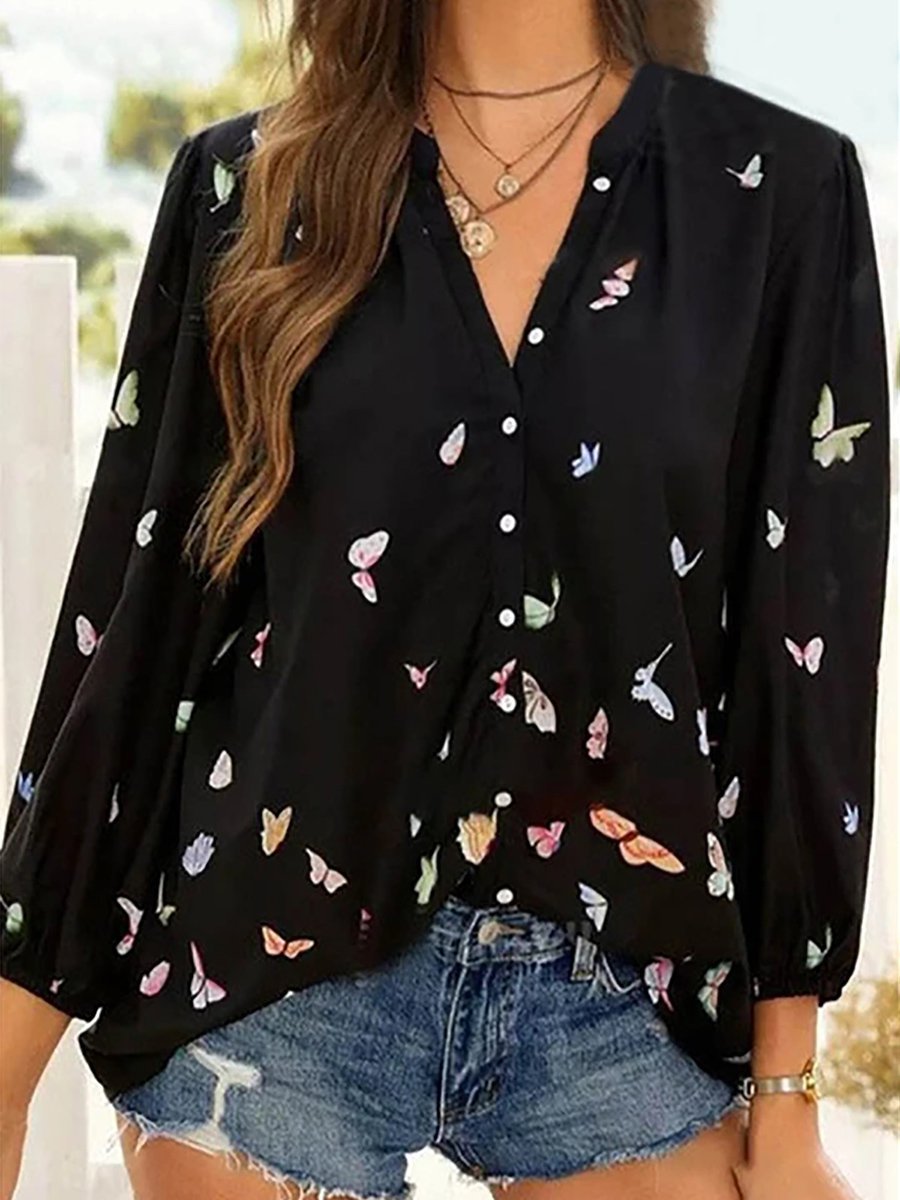 Bunt Schmetterling Print Chiffon Langarm Bluse