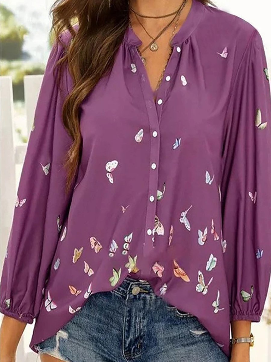 Bunt Schmetterling Print Chiffon Langarm Bluse