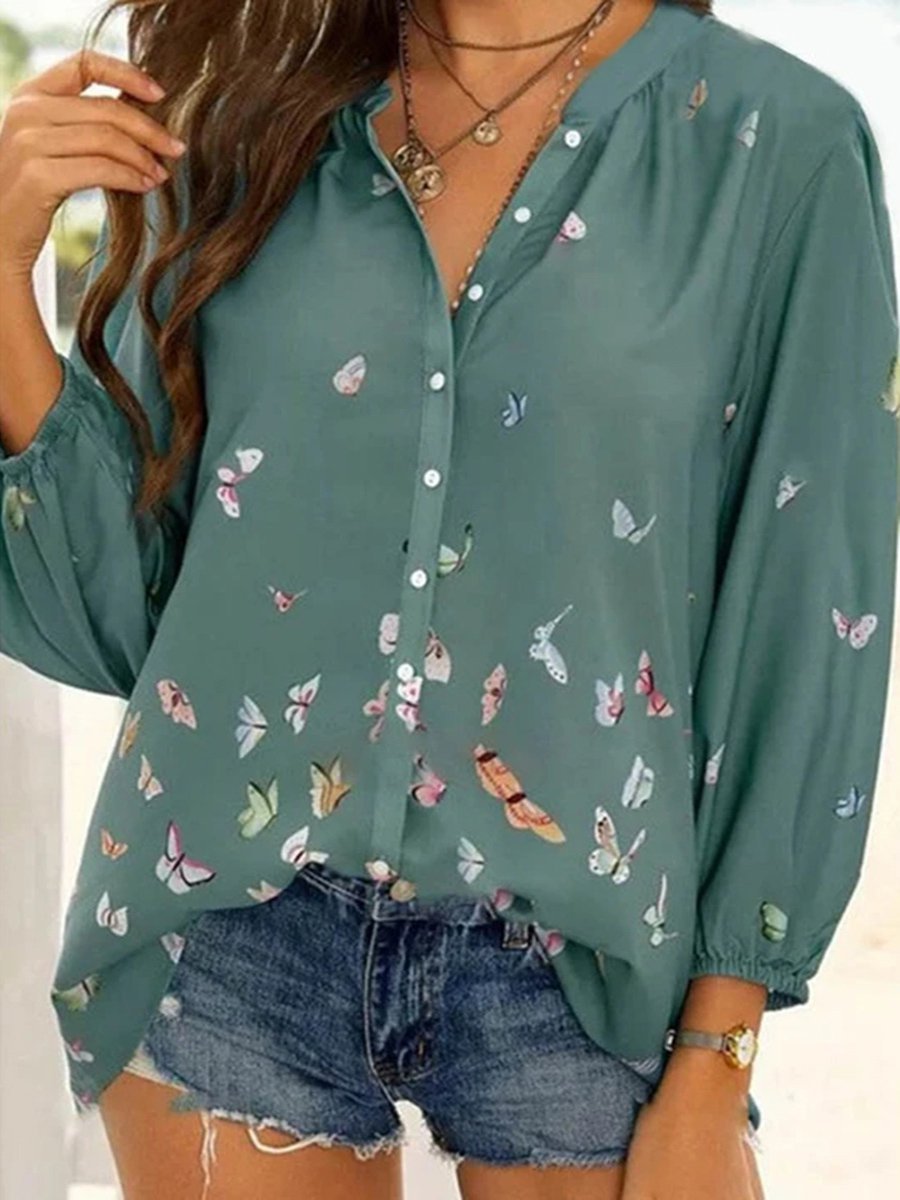 Bunt Schmetterling Print Chiffon Langarm Bluse