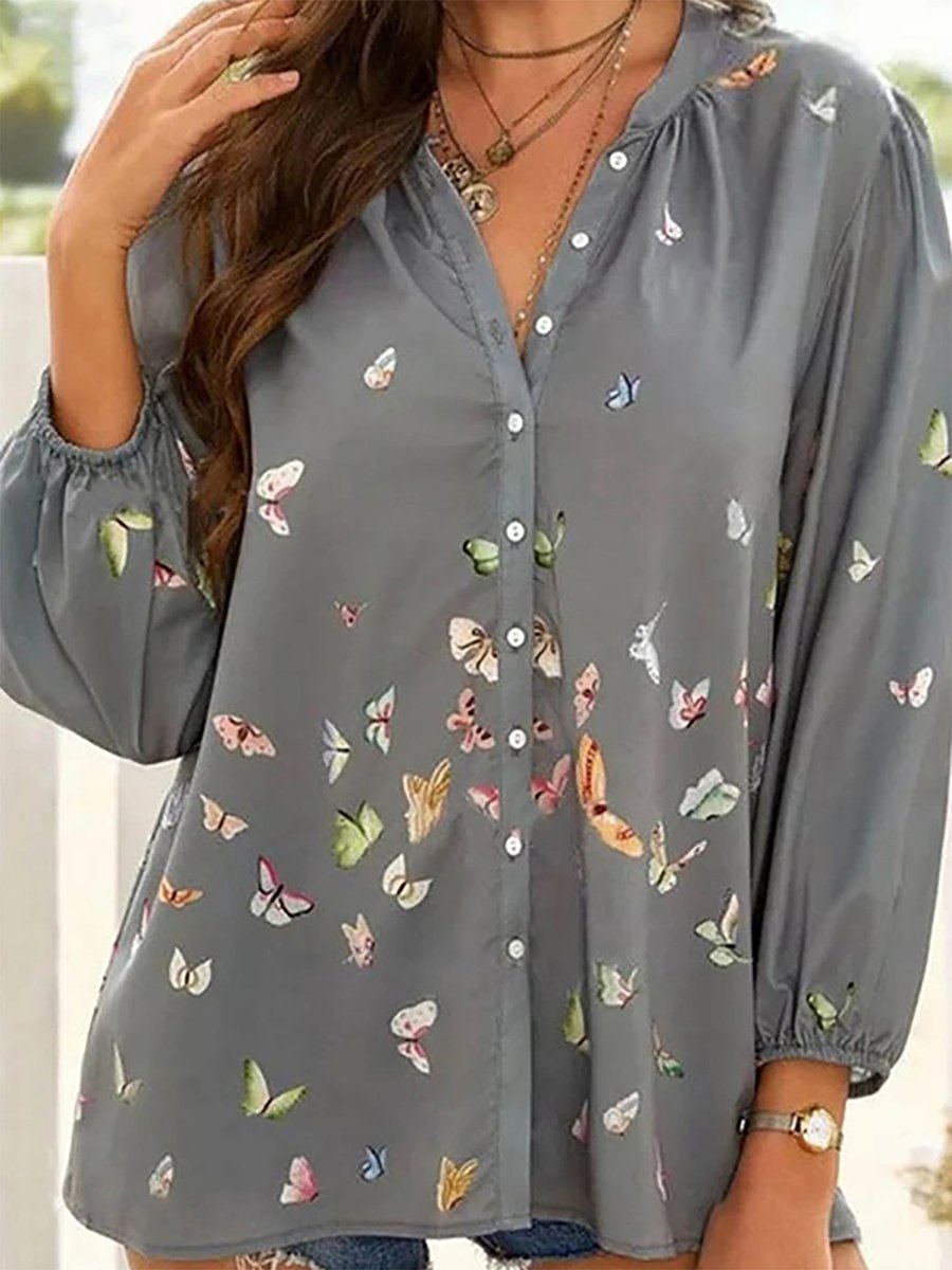 Bunt Schmetterling Print Chiffon Langarm Bluse