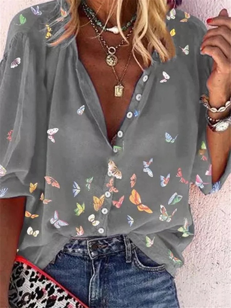 Bunt Schmetterling Print Chiffon Langarm Bluse