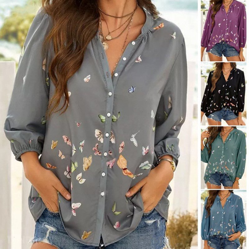 Bunt Schmetterling Print Chiffon Langarm Bluse