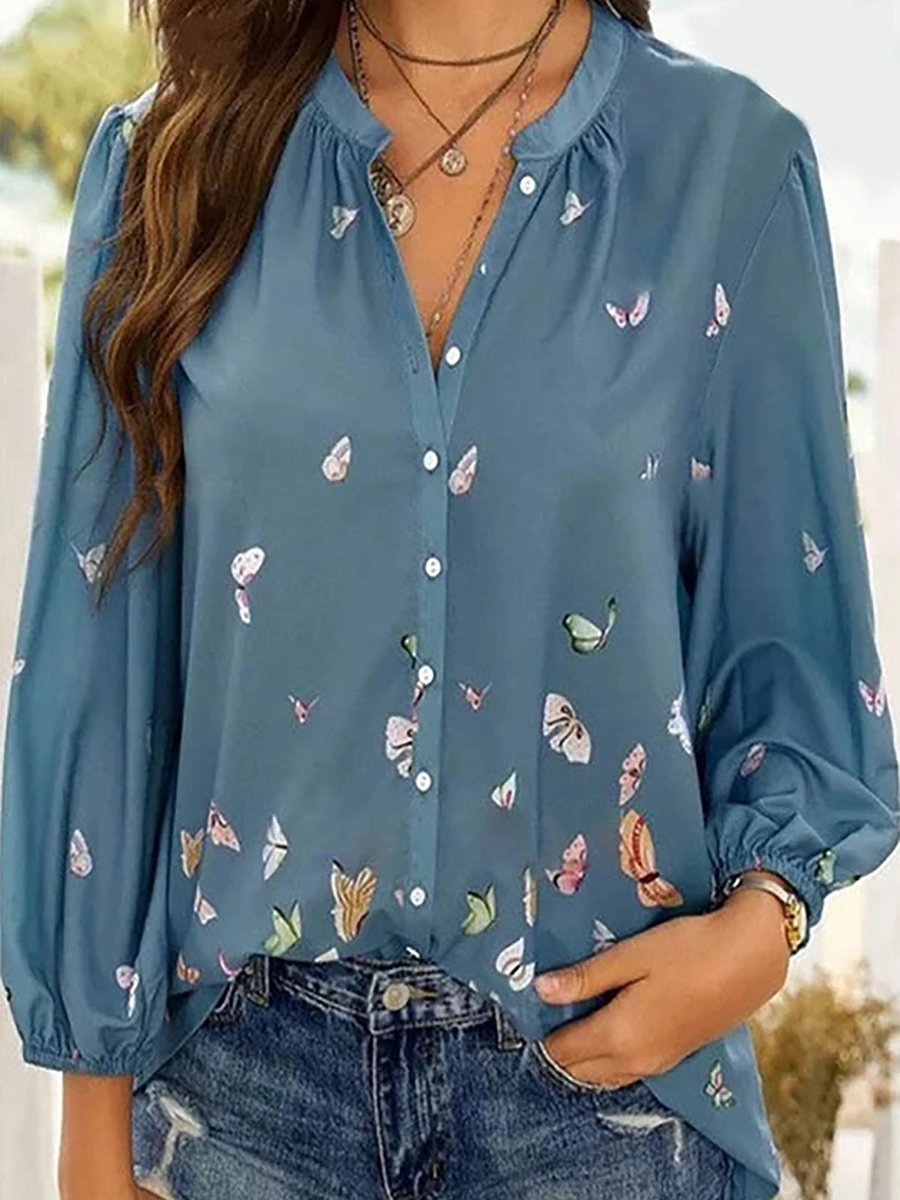 Bunt Schmetterling Print Chiffon Langarm Bluse