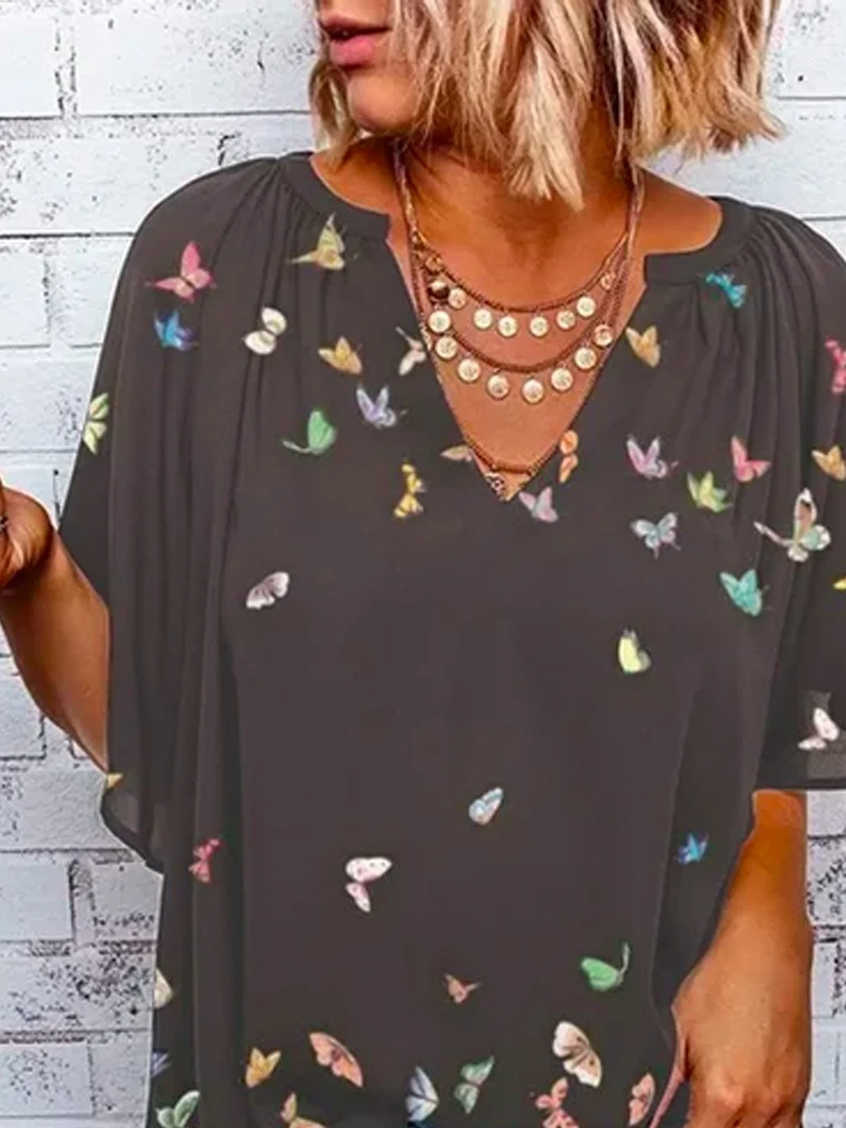 Schmetterling Baumwollgemisch Kurzarm Shirts & Blusen&Shirts
