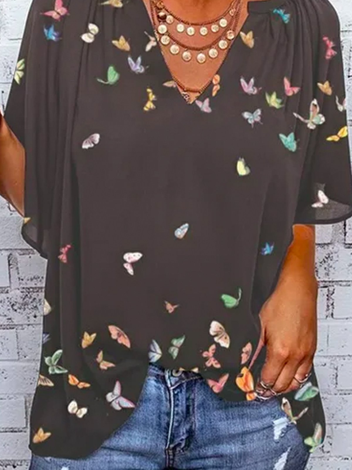 Schmetterling Baumwollgemisch Kurzarm Shirts & Blusen&Shirts