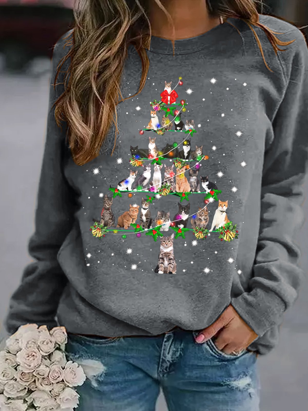 Lustig Katzen Weihnachtsbaum Lässig Sweatshirt