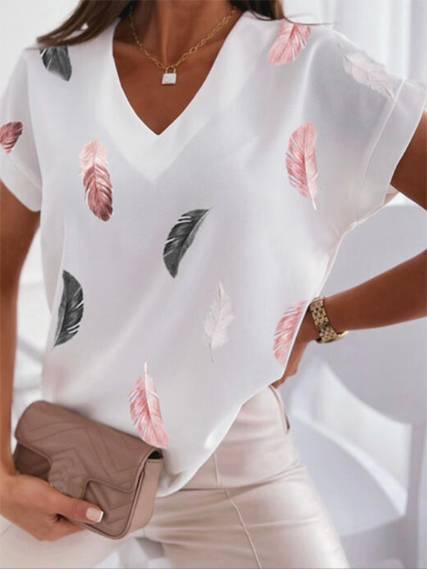 Feder Muster Lässig V-Ausschnitt Kurzarm Shirts & Blusen