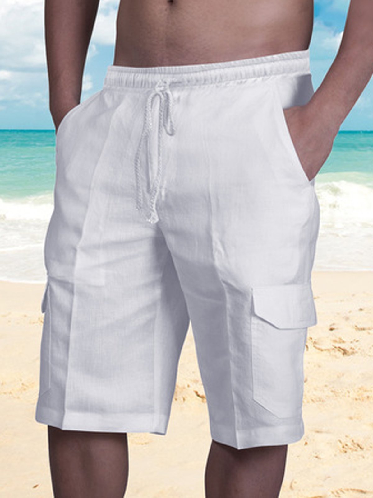 Herren Leinen Shorts Multi-Pocket Krawatte Cargohosen