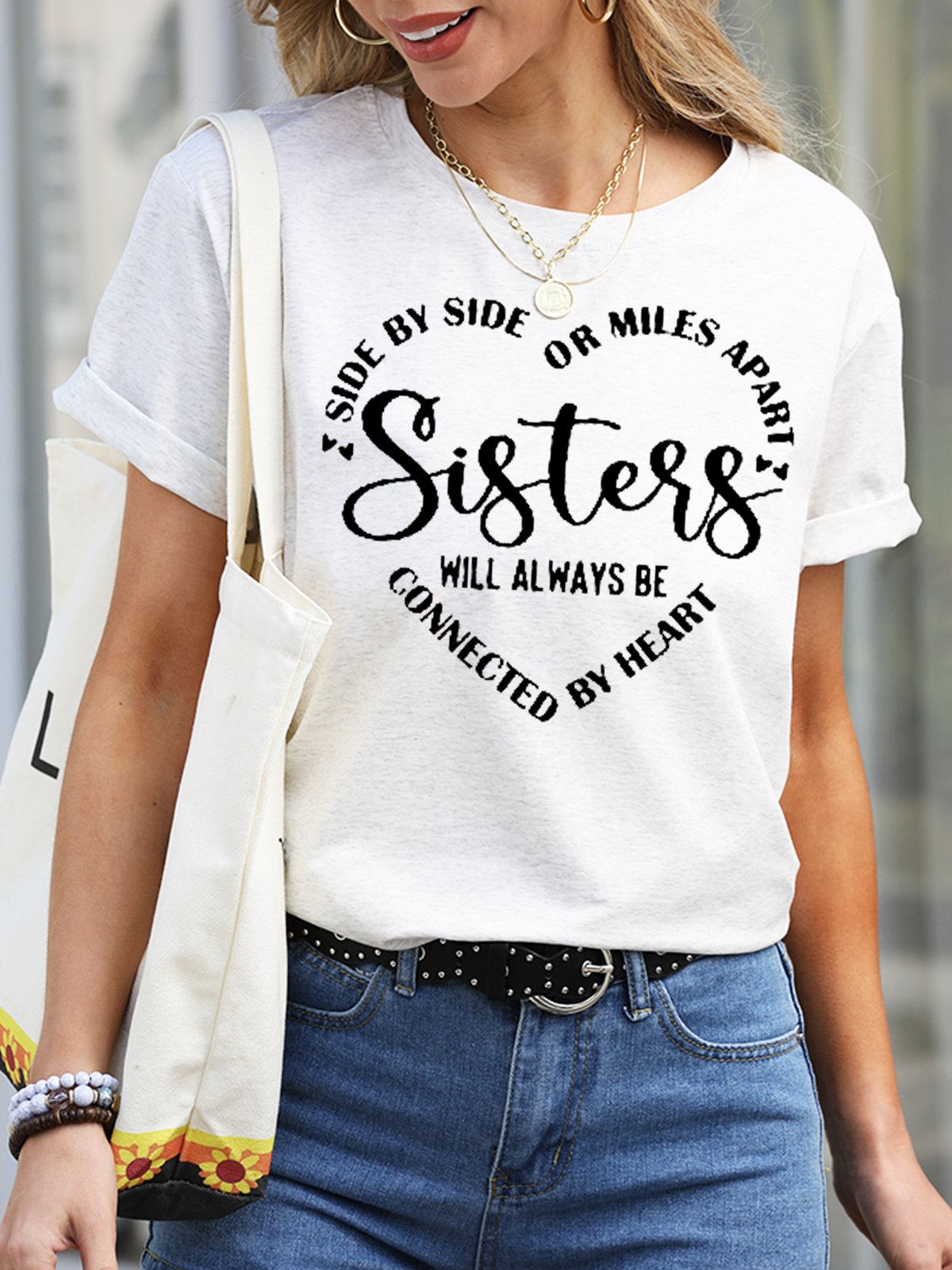 Damen Schwestern werden immer Sein In Verbindung gebracht durch Herz Buchstabe Lässig Kurzarm T-Shirt