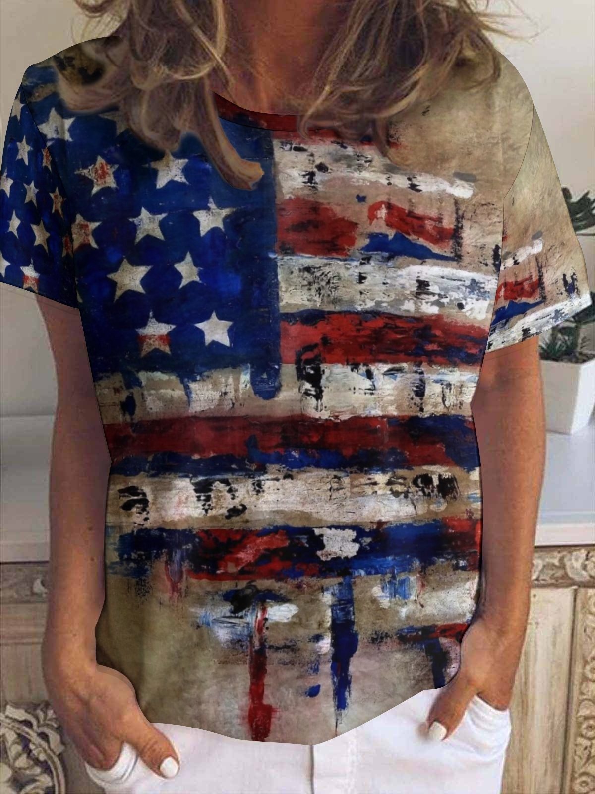 Damen Vereinigte Staaten von Amerika Flagge Print Lässig Kurzarm T-Shirt