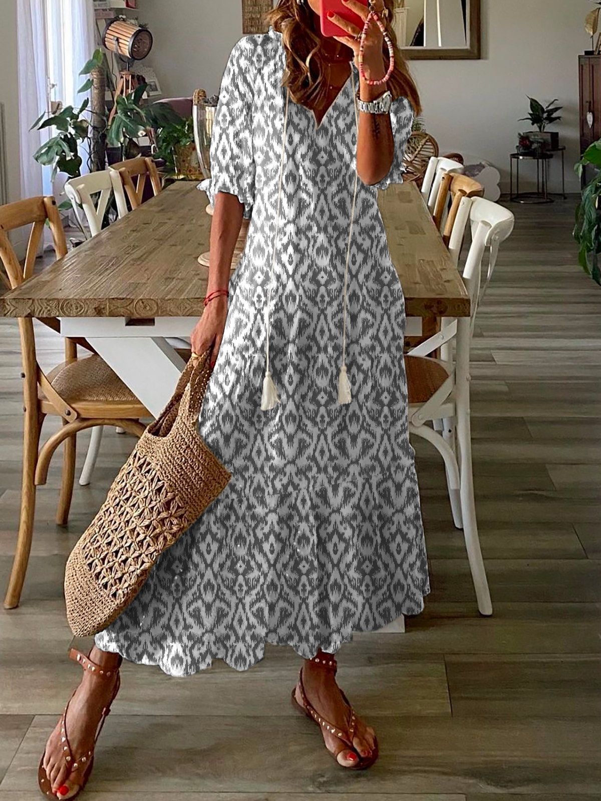 Lässig V-Ausschnitt Geometrisch Print Kleid