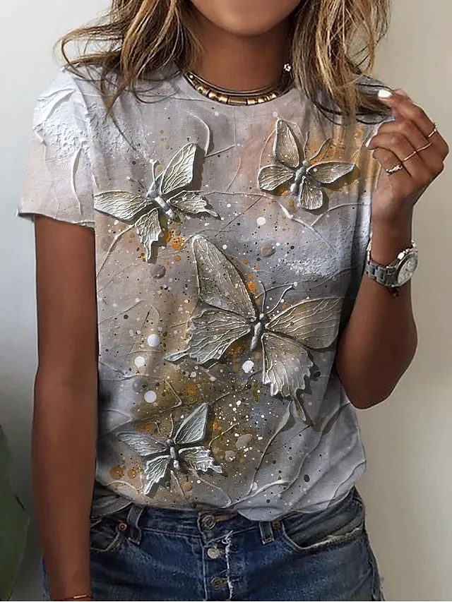 Lockeres Lässiges Looses Freizeitshirt mit Rundhalsausschnitt Schmetterlinge