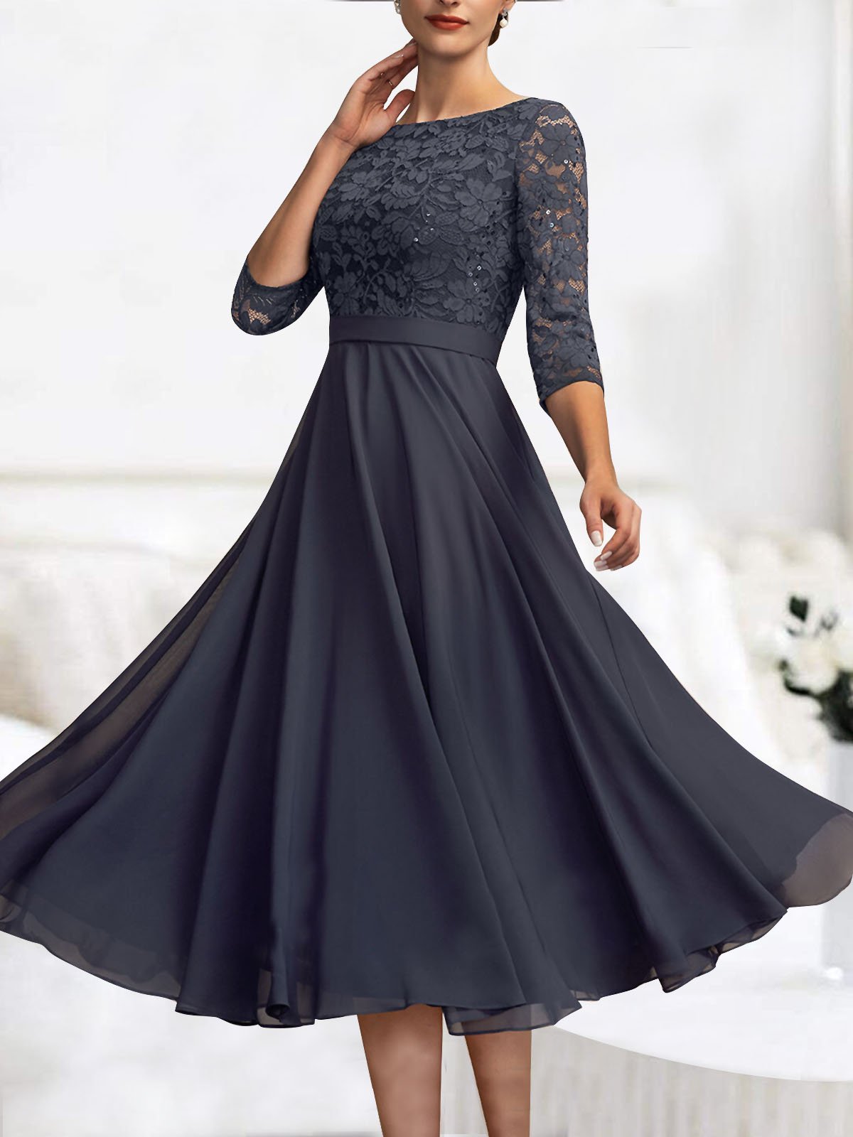 Hochzeit Party Spitze Chiffon Postleitzahl Sieben Ärmel Midikleid