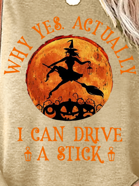 Damen Lustig Grafik Ja I können Fahrt A Stock Halloween Baumwollmischung Langarm T-Shirt