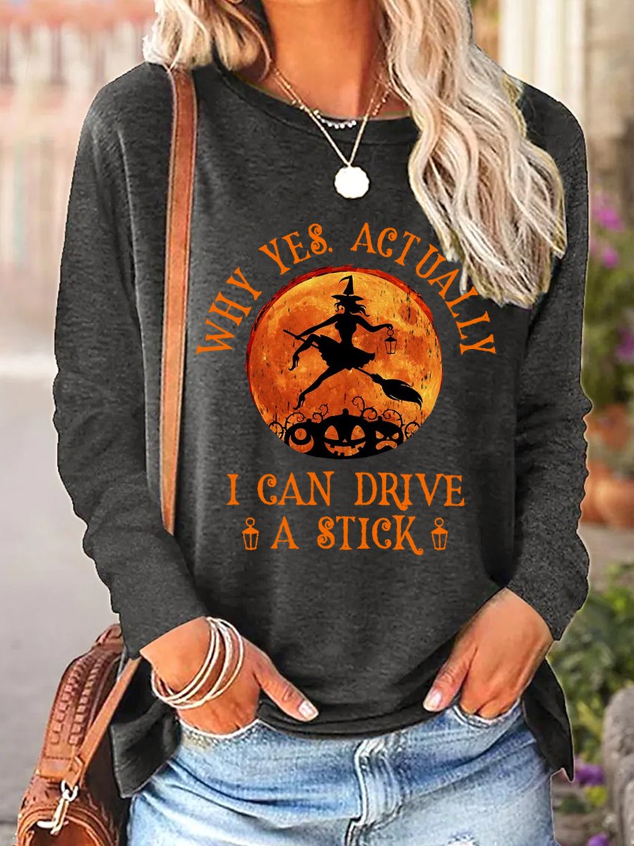 Damen Lustig Grafik Ja I können Fahrt A Stock Halloween Baumwollmischung Langarm T-Shirt