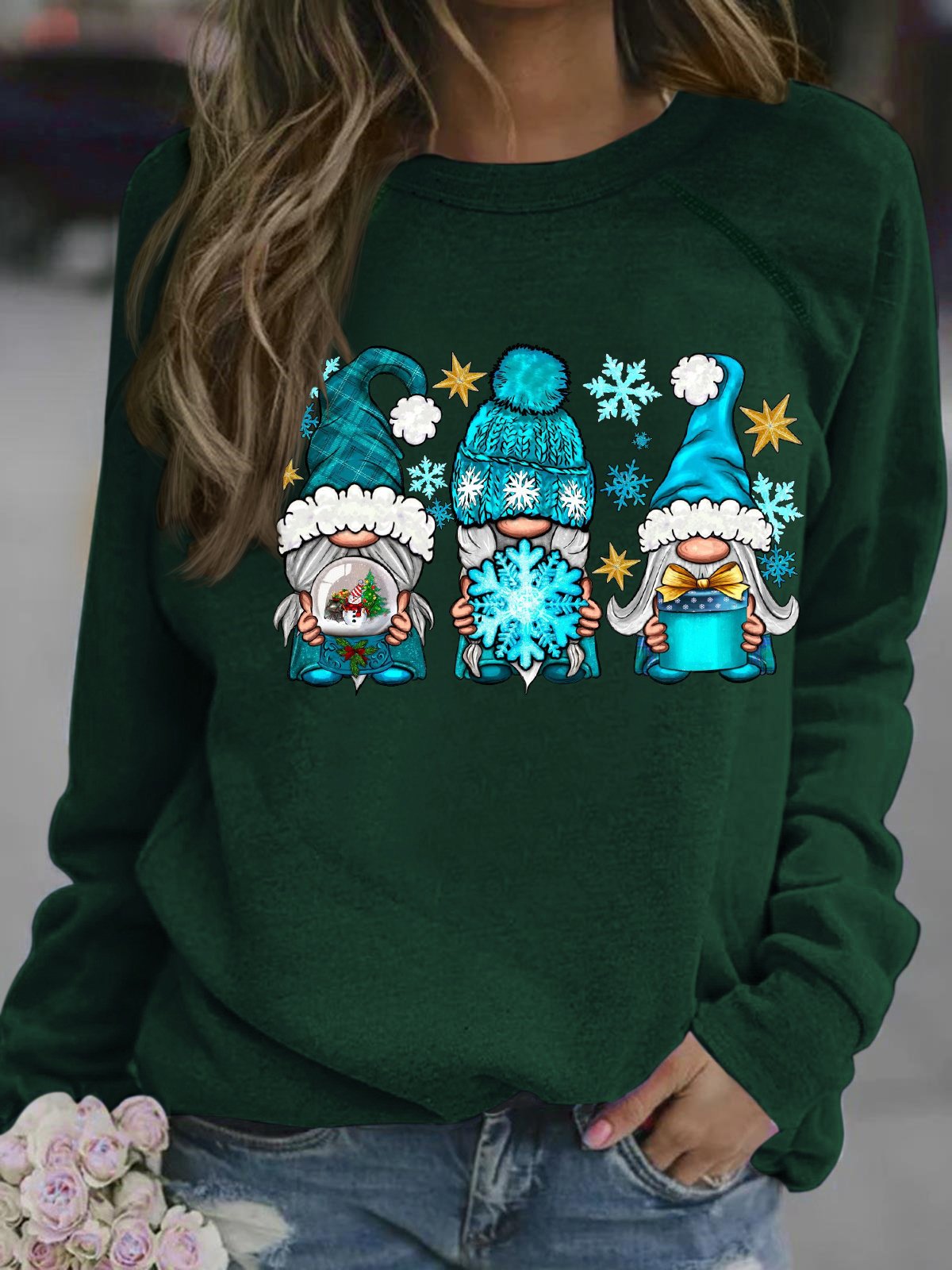 Damen Weihnachten Gnom Grafik Print Rundhals Weit Lässig Sweatshirt