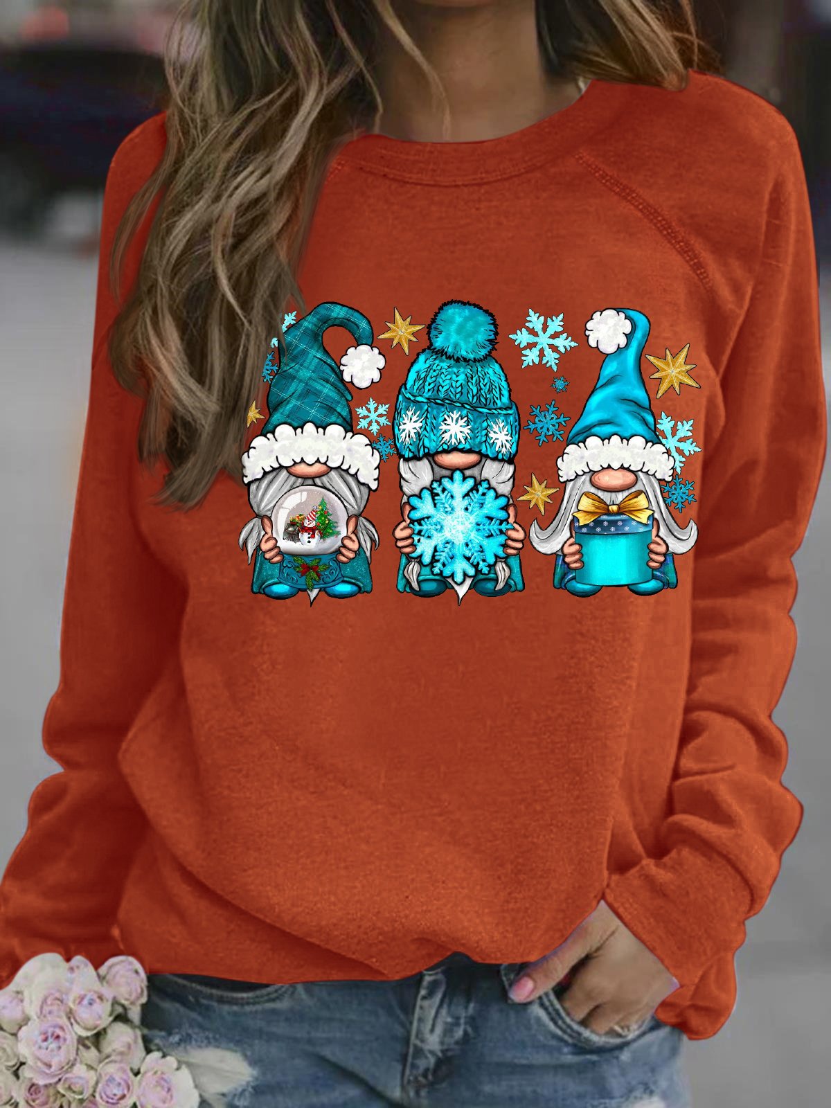 Damen Weihnachten Gnom Grafik Print Rundhals Weit Lässig Sweatshirt