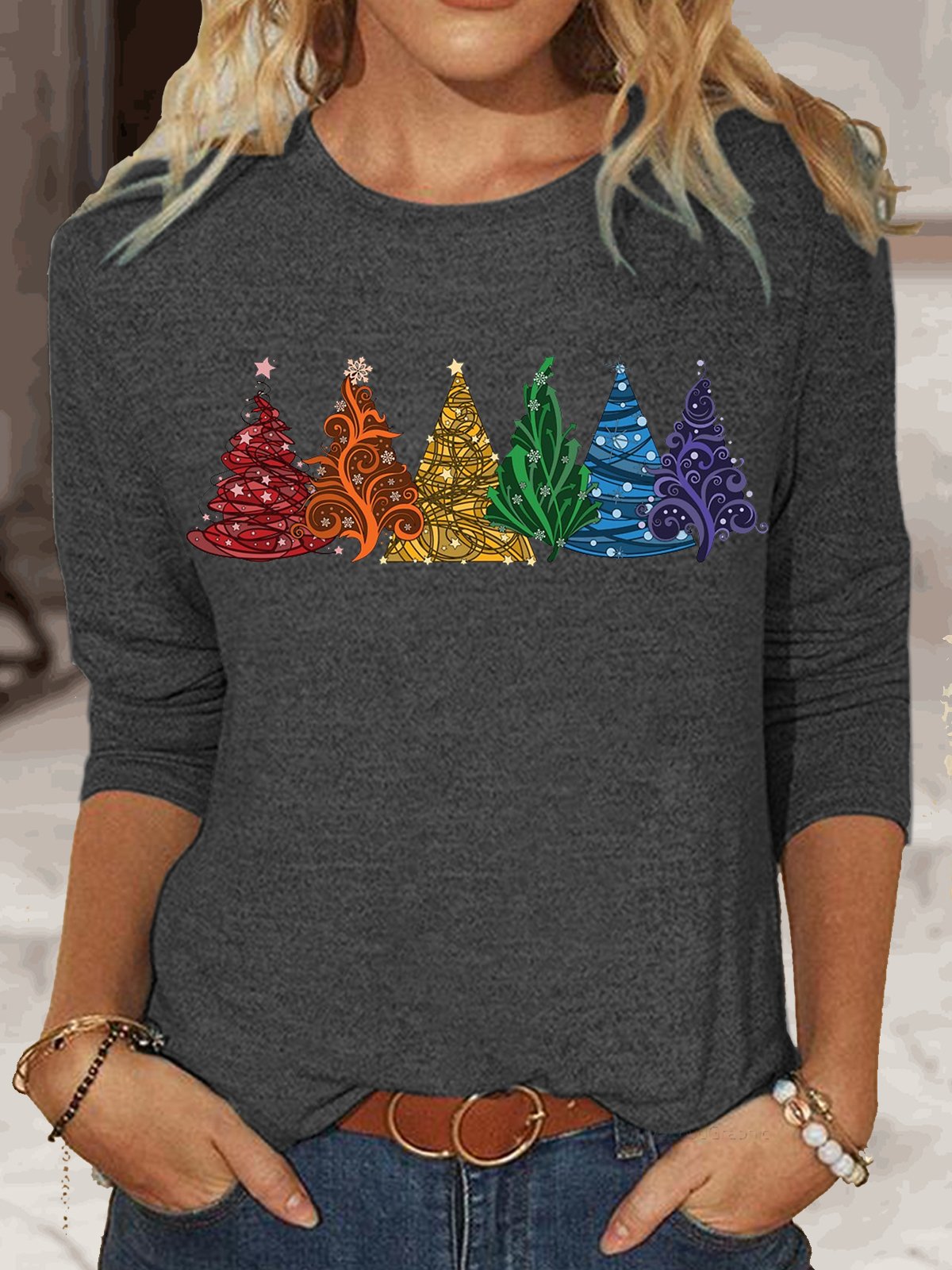 Damen Regenbogen Weihnachten Bäume Klassisch Langarm Oberteile