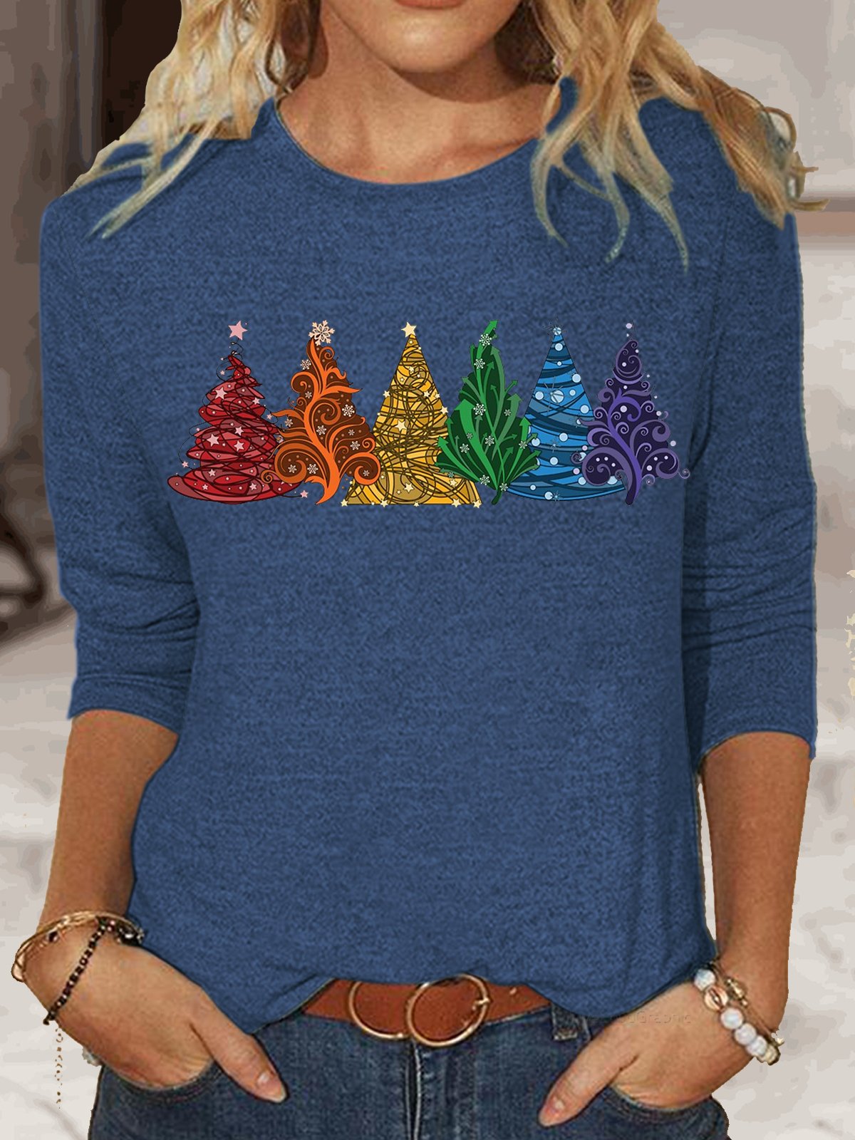 Damen Regenbogen Weihnachten Bäume Klassisch Langarm Oberteile