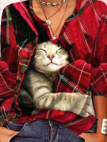 Lässig Weihnachten Kariert Katze Langarm V-Ausschnitt T-Shirt