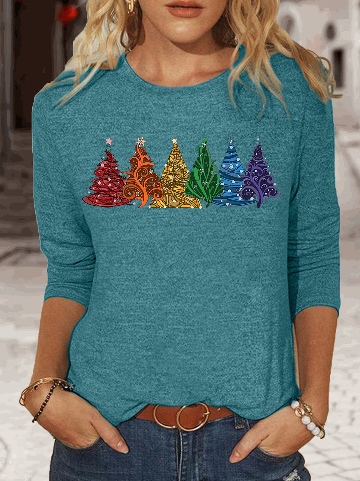 Damen Regenbogen Weihnachten Bäume Klassisch Langarm Oberteile