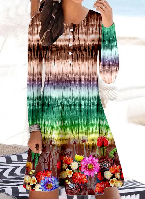 Damen Batik Blumen Muster Print Freizeitkleid