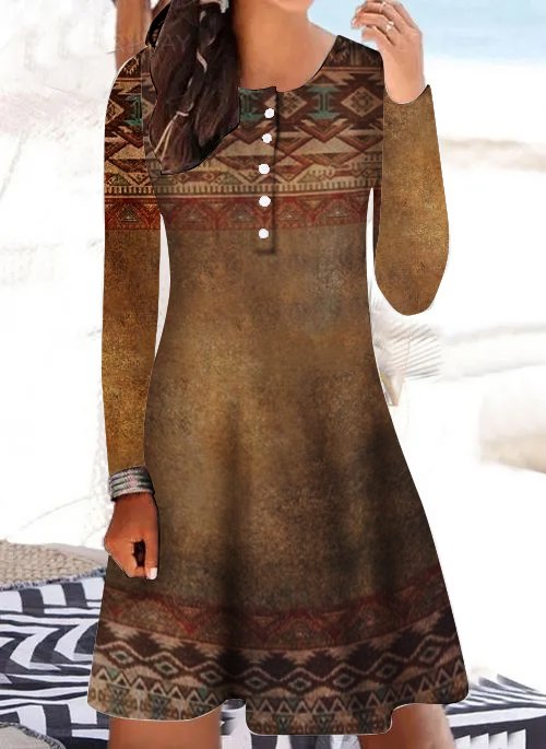 Damen Knöpfe Rundhals Lässig Geometrisch Regelmäßige Passform Kleid