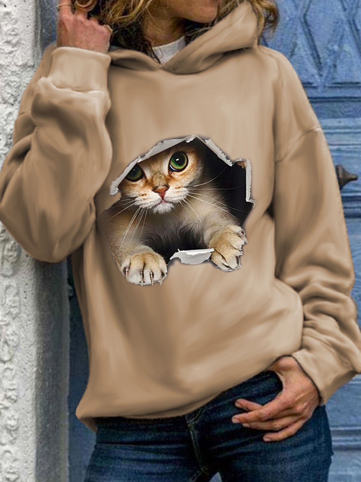 Kapuze Katze Print Lässig Plüsch Sweatshirt