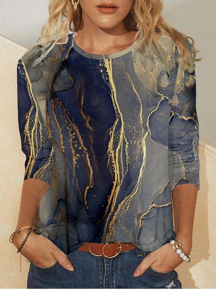 Damen Kunst Print Rundhals Abstrakt Regelmäßige Passform Lässig Bluse