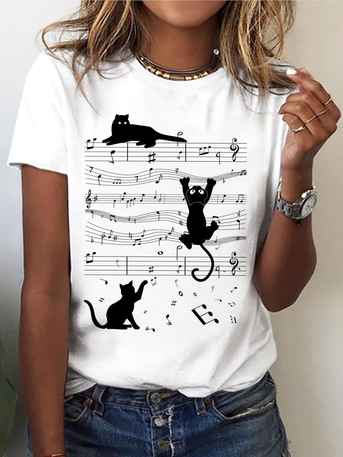 Lockeres Lässiges Looses Shirt mit Rundhalsausschnitt Print Katze 