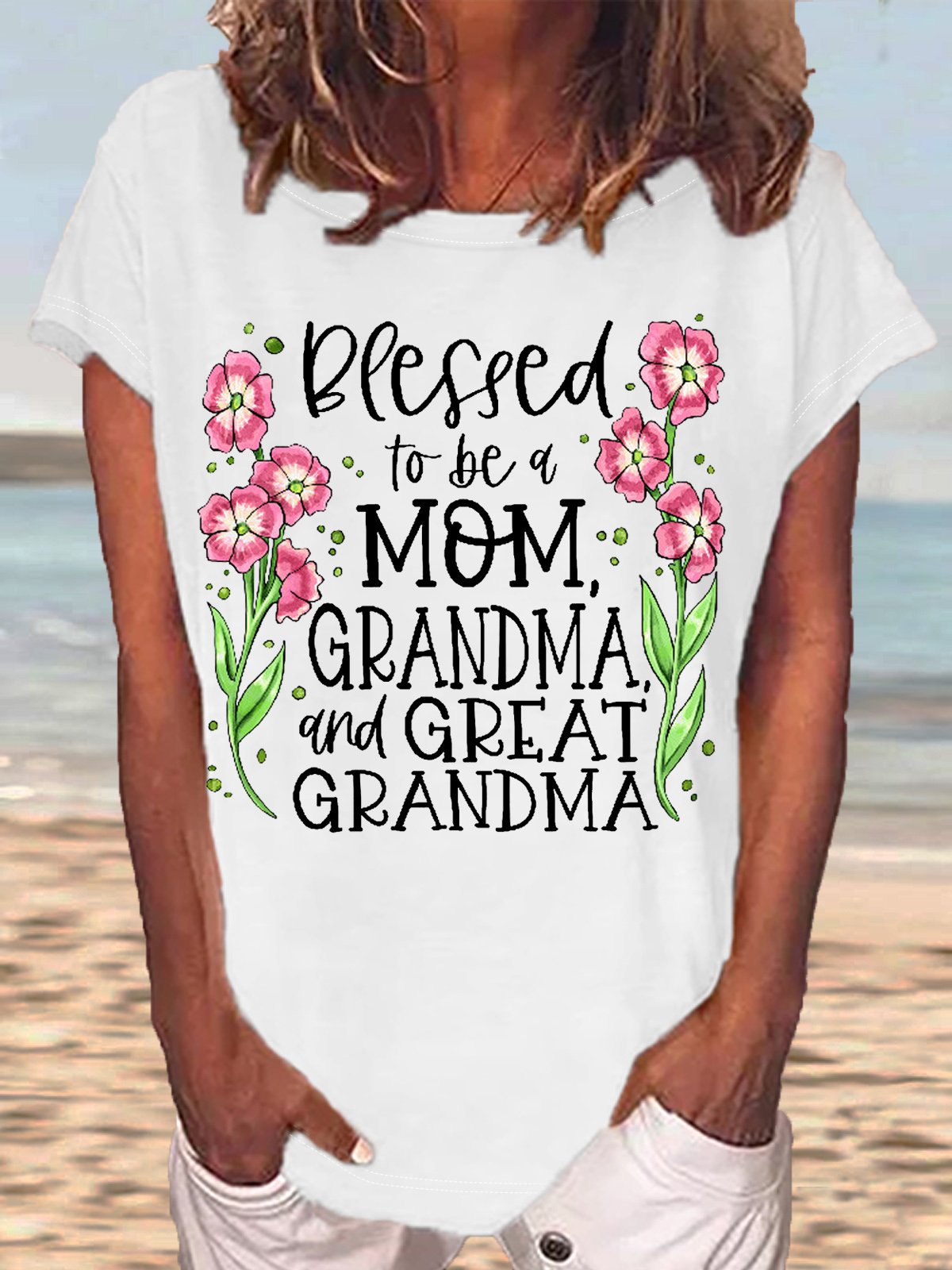 Damen gesegnet zu Sein a Mama Oma und Großartig Oma Lässig Rundhals Briefe T-Shirt
