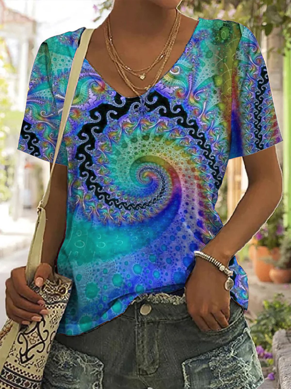 Ethnisch Lässig V-Ausschnitt T-Shirt
