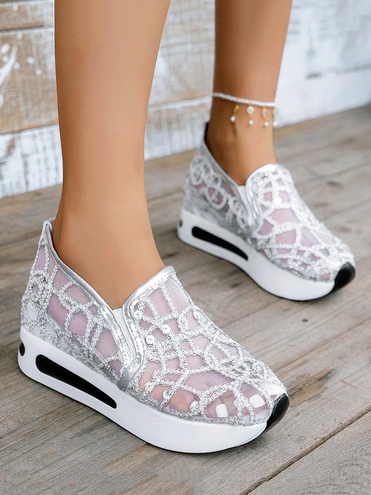 Fashion Paillette Atmungsaktiv Mesh Slip On Plateau Sneakers