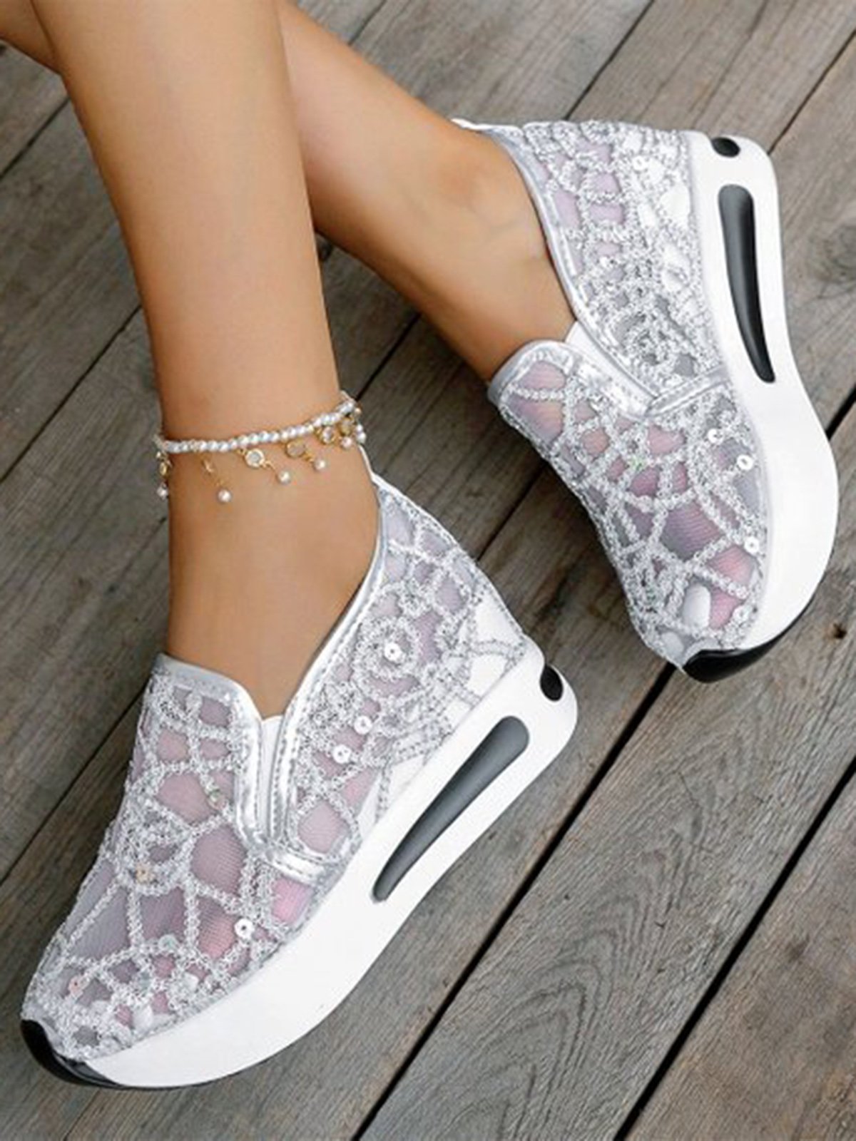 Fashion Paillette Atmungsaktiv Mesh Slip On Plateau Sneakers