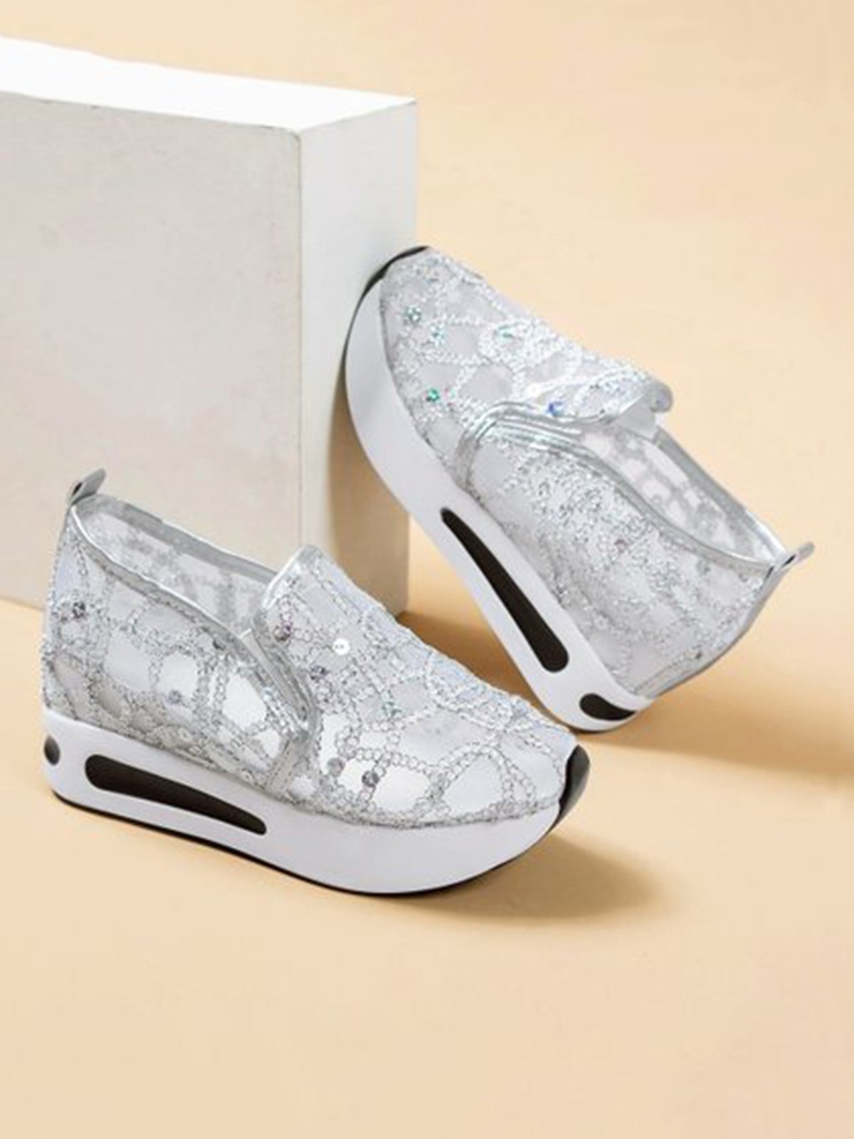 Fashion Paillette Atmungsaktiv Mesh Slip On Plateau Sneakers