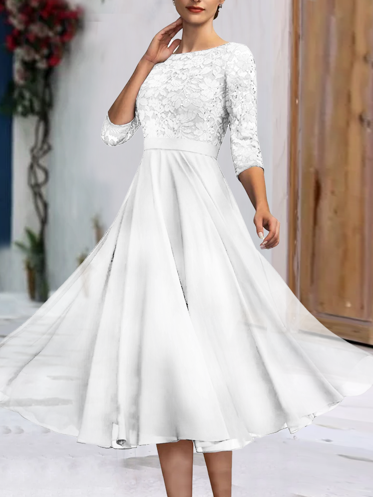 Hochzeit Party Spitze Chiffon Postleitzahl Sieben Ärmel Midikleid