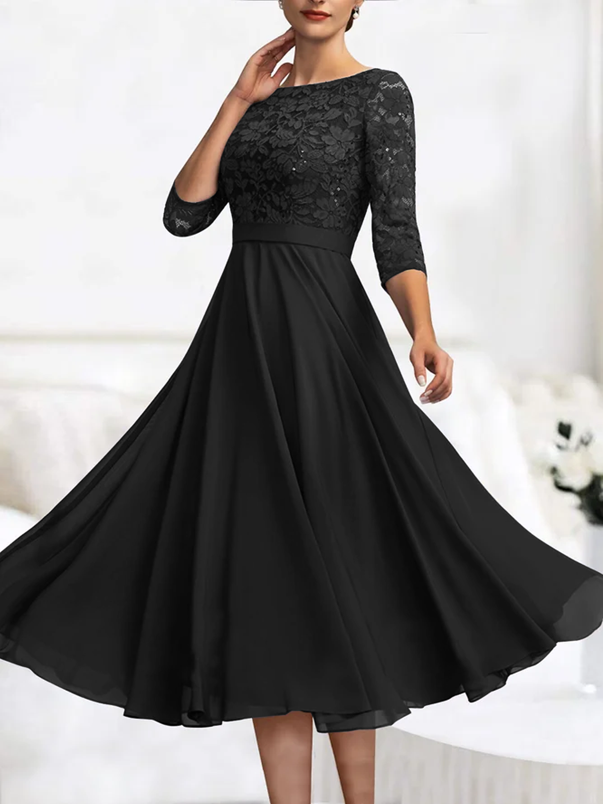 Hochzeit Party Spitze Chiffon Postleitzahl Sieben Ärmel Midikleid